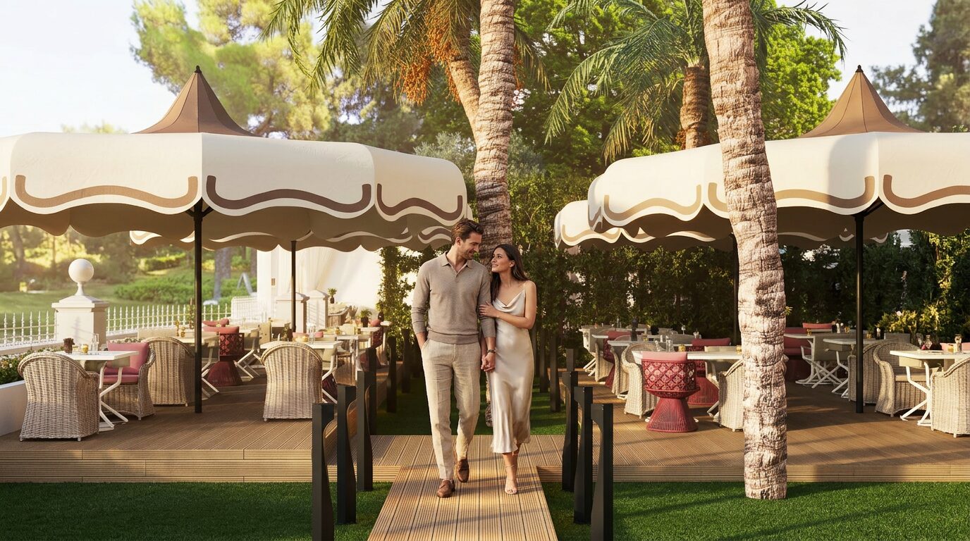 Couple walking through the hotel garden under palm trees