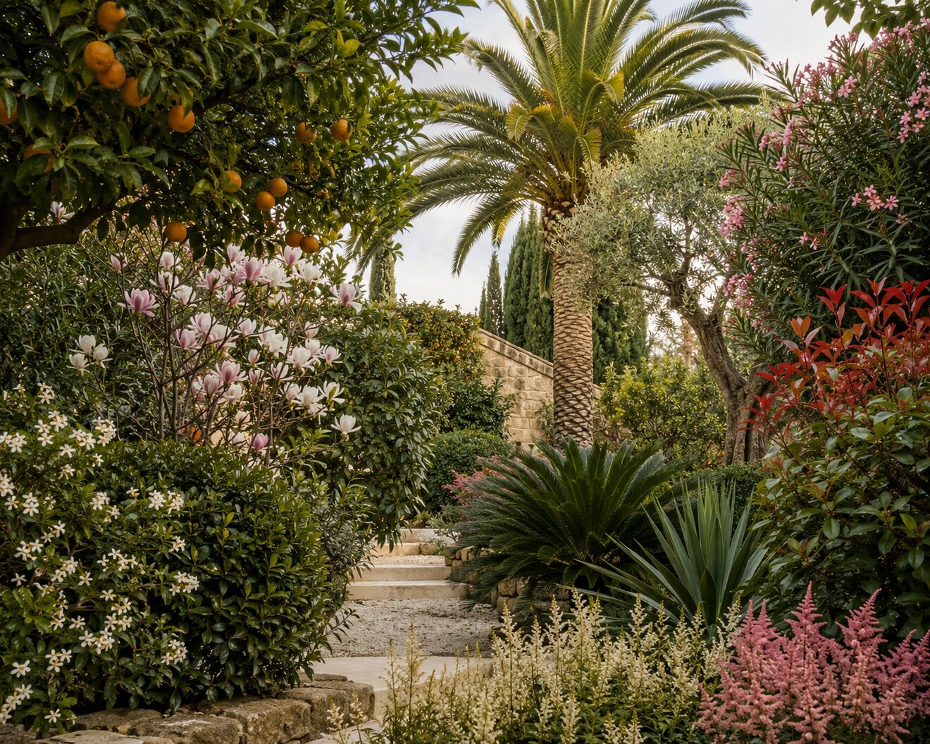 Mediterranean garden with lush plants and stone steps