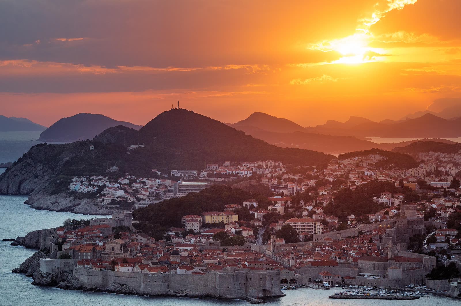 Aerial view of Dubrovnik coastline at sunset