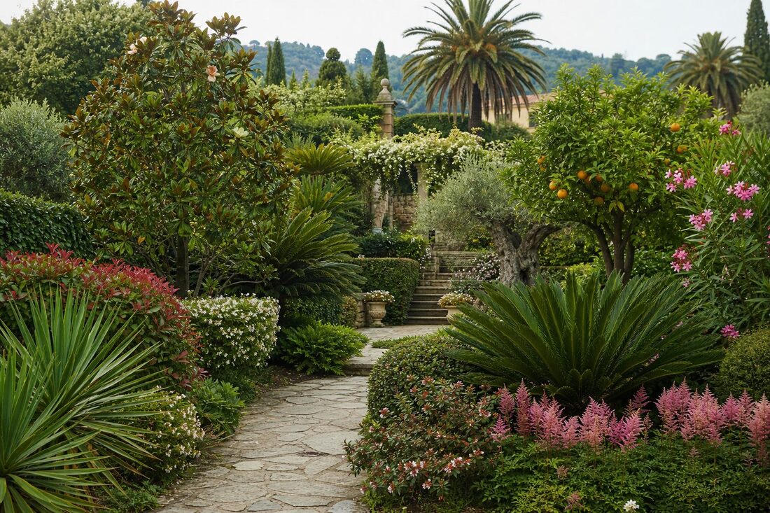 Hotel garden terrace with olive trees and sea view